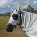 Face of horse wearing Love My Horse silver duramesh hooded combo with eye holes and covered ears