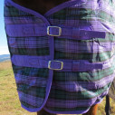 Purple / Green check stable combo horse rug showing chest fit with double buckles